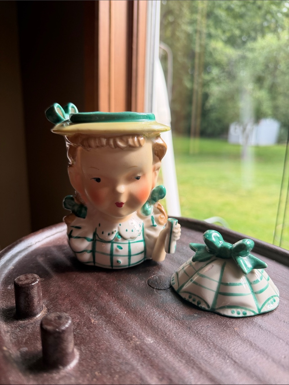 Lady Head Royal Sealy Vintage Vase - Redhead Girl with Green Bow Japan